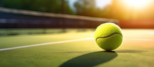 Close Up Of Tennis Ball Lying On Tennis Court On Sunny Day Copy Space