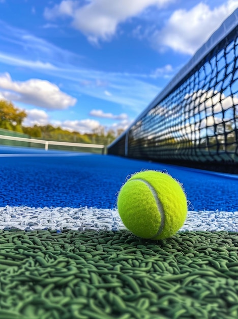 Close up of a tennis ball placed on the court next to the net