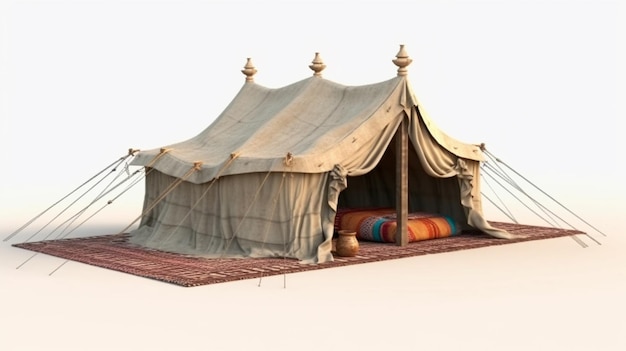 Photo a close up of a tent with a rug and pillows generative ai