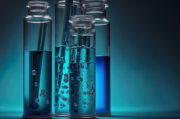 Close up of test tubes on a blue backdrop