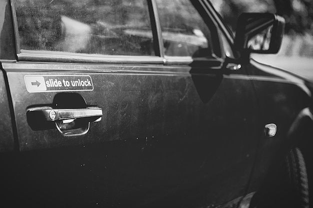 Photo close-up of text on car