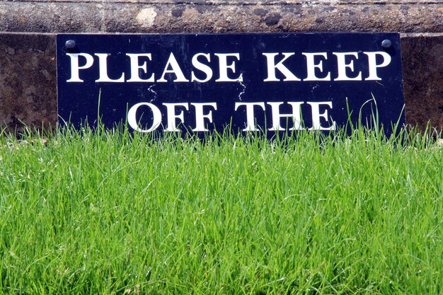 Close-up of text on grass