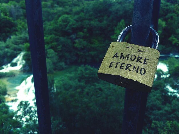 Photo close-up of text hanging on tree