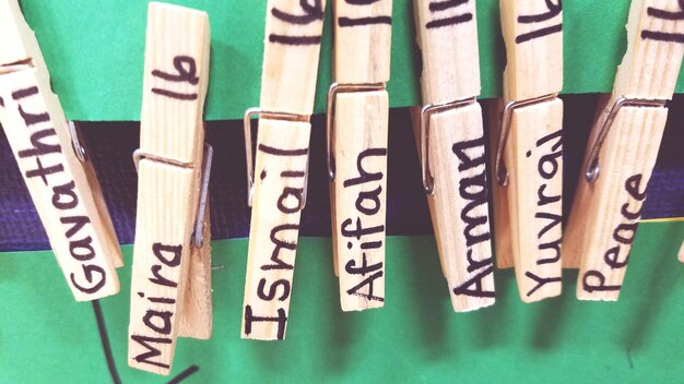 Photo close-up of text on wooden clothespins