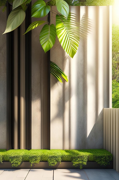 Close up of texture of old weathered eroded white stone concrete wall in beautiful foliage dappled