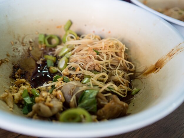 Close up of Thai beef noodle without soup.