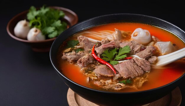 Тайская еда с острой супой из свиной кости Leng tom zaap на черном фоне