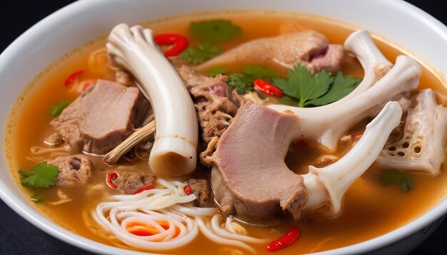 Close up Thai food spicy pork bone soup Leng tom zaap black background