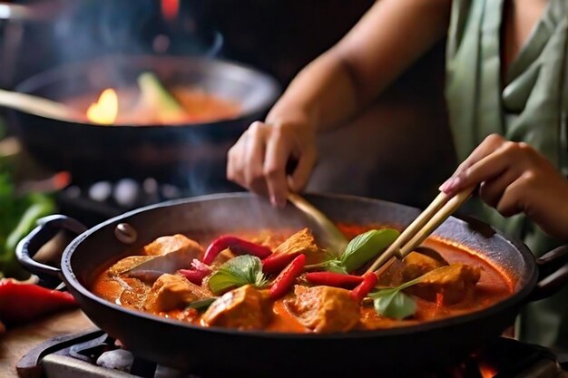 close up of thai woman cooking red spicy chicken curry in wok