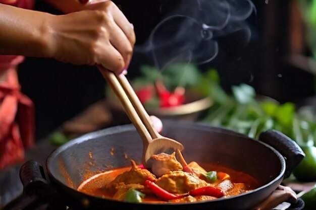 Photo close up of thai woman cooking red spicy chicken curry in wok
