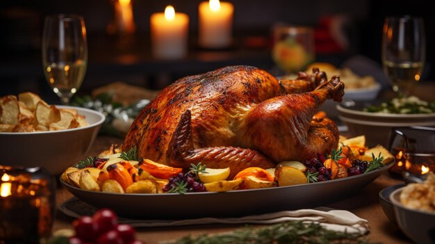 close up of thanksgiving turkey during family dinner