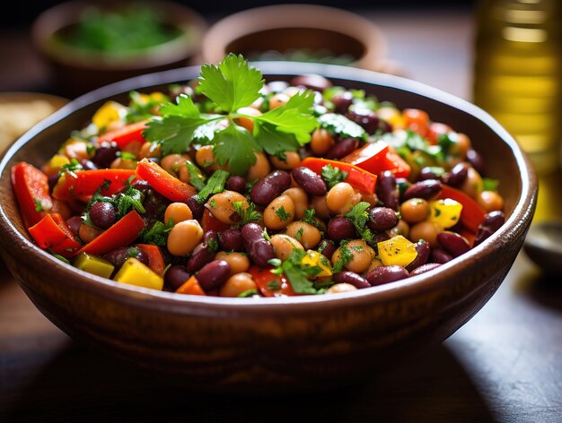 Foto close up di tre insalata di fagioli con vinaigrette di cumino servito in ciotola