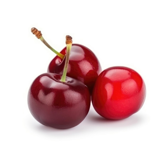 A close up of three cherries on a white background