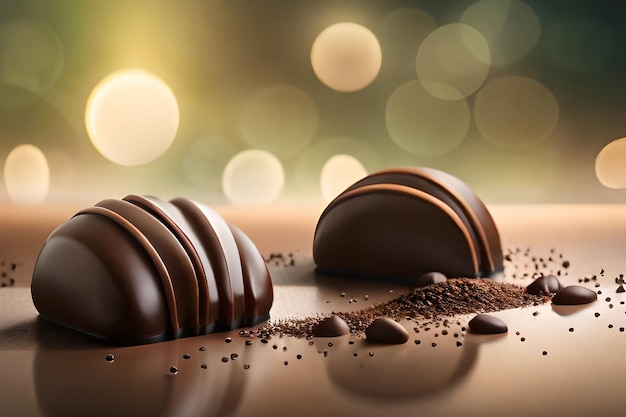 A close up of three chocolates on a table with a blurred background