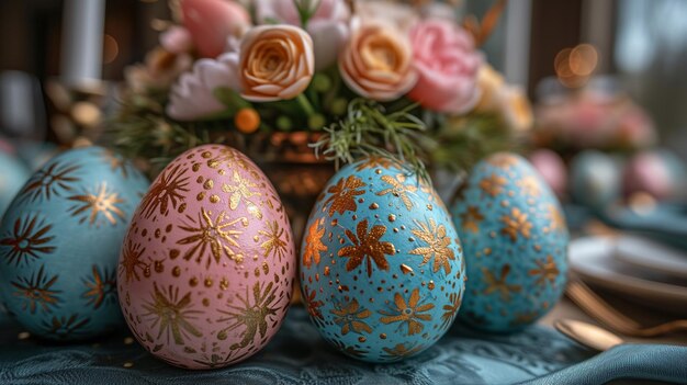 Close Up of Three Decorated Eggs on Table