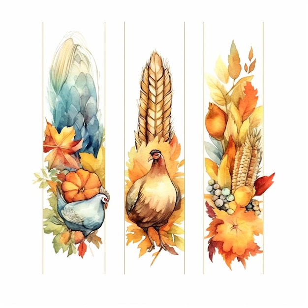 a close up of three different watercolor thanksgiving banners with turkeys and autumn leaves generative ai