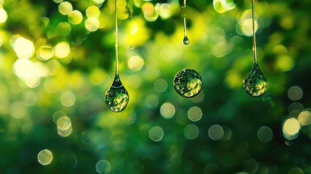 close up of three droplets in a blurred green background