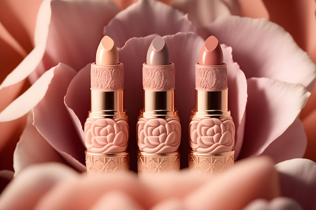 A close up of three lipsticks in a flower