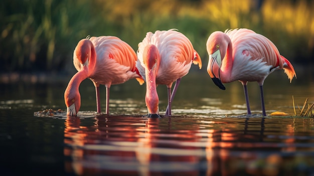 호수 에서 먹이 를 먹고 있는 세 마리 의 분홍색 플라밍고