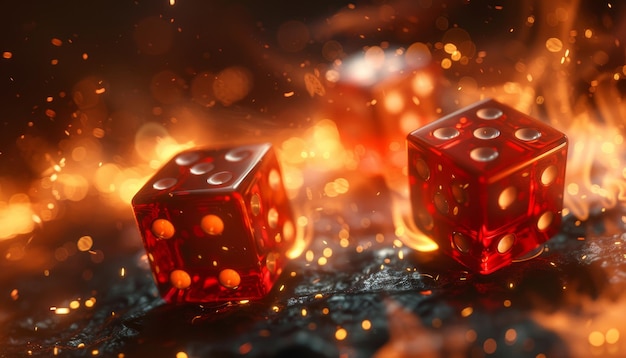 Photo a close up of three red dice with flames surrounding them by ai generated image
