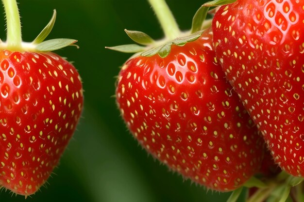 A close up of three strawberries on a plant