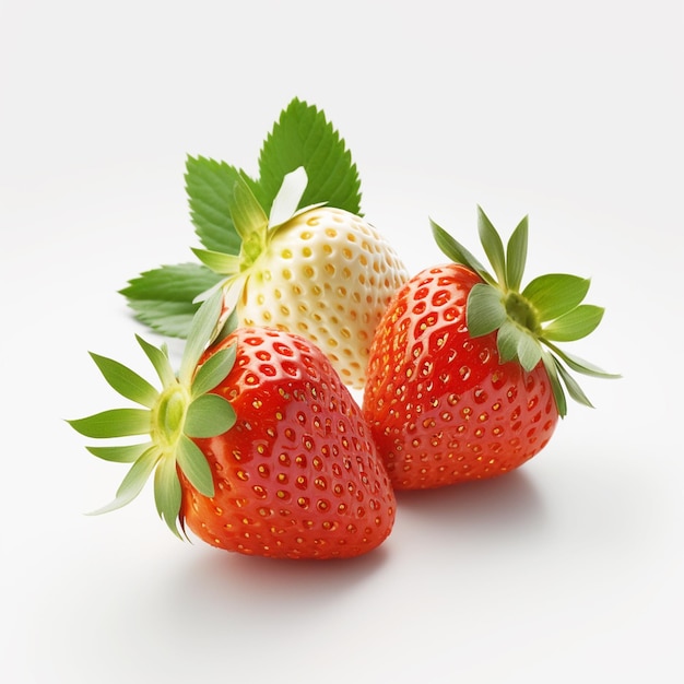 A close up of three strawberries with green leaves