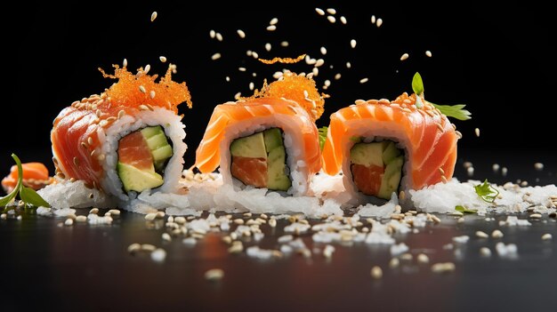 Photo close up of three sushi flying in the air