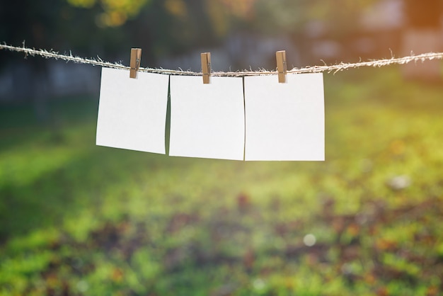 Photo close up of three white note papers hung by wooden clothes pegs