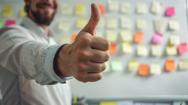 Photo close up thumb up in front of wall with sticky notes