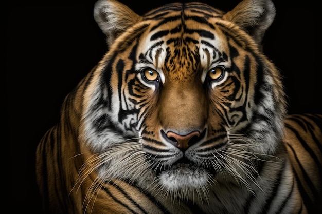 Close up of a tiger big cat on black background looking at the camera