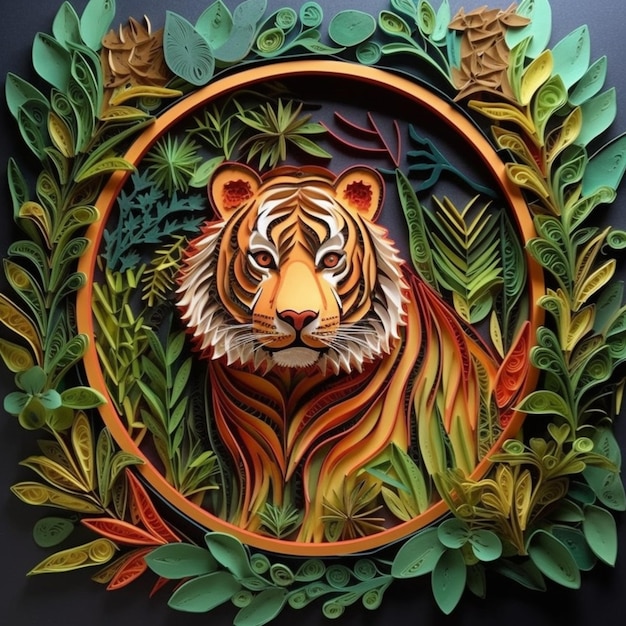 A close up of a tiger in a circle of leaves generative ai