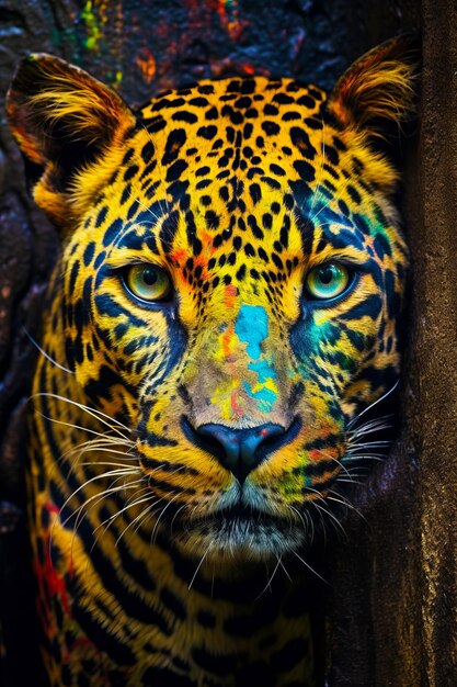 Close up of tiger's face with lot of colors on it Generative AI