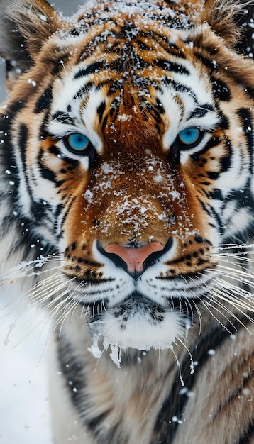 a close up of a tiger in the snow