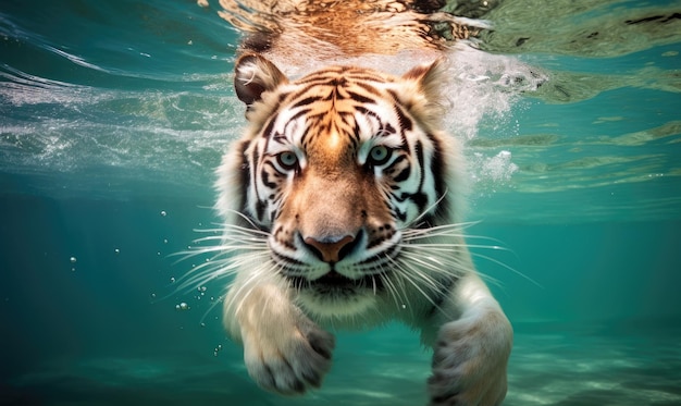 A close up of a tiger swimming in the water