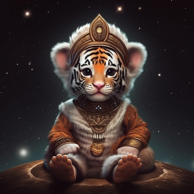 A close up of a tiger wearing a costume sitting on a rock generative ai