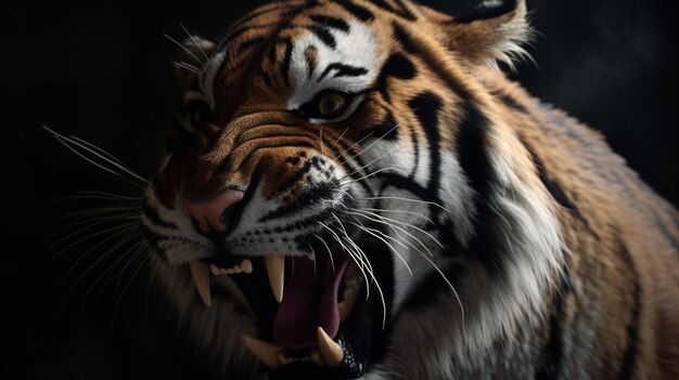 Close up of a tiger with open mouth on a black backgroundgenerative ai