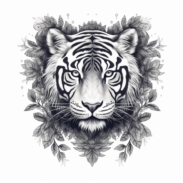 a close up of a tigers face with leaves around it generative ai