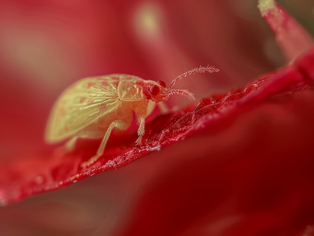 Close Up of a Tiny Aphid on a Vibrant Red Flower Petal in a Natural Environment