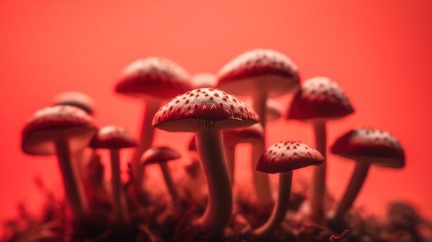 A close up of tiny mushrooms in a red background