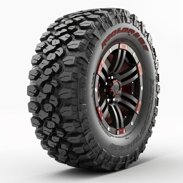 A close up of a tire on a white background with a red rim generative ai