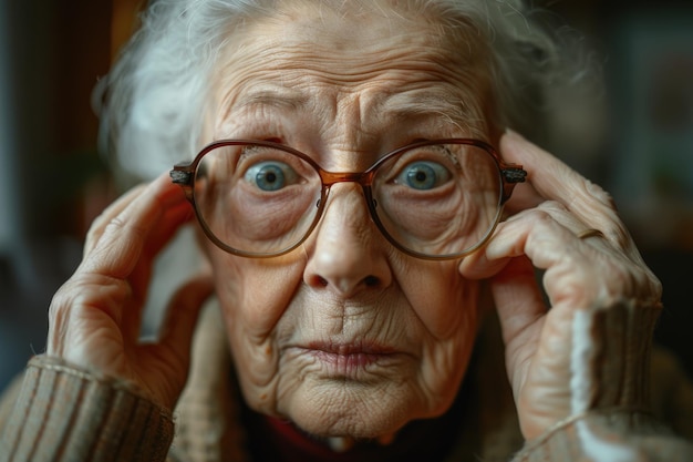 Photo close up of tired older lady with dry eyes syndrome massaging nose bridge on sofa