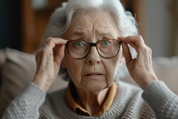 Foto close up di una signora anziana stanca con sindrome degli occhi secchi che massaggia il ponte del naso sul divano