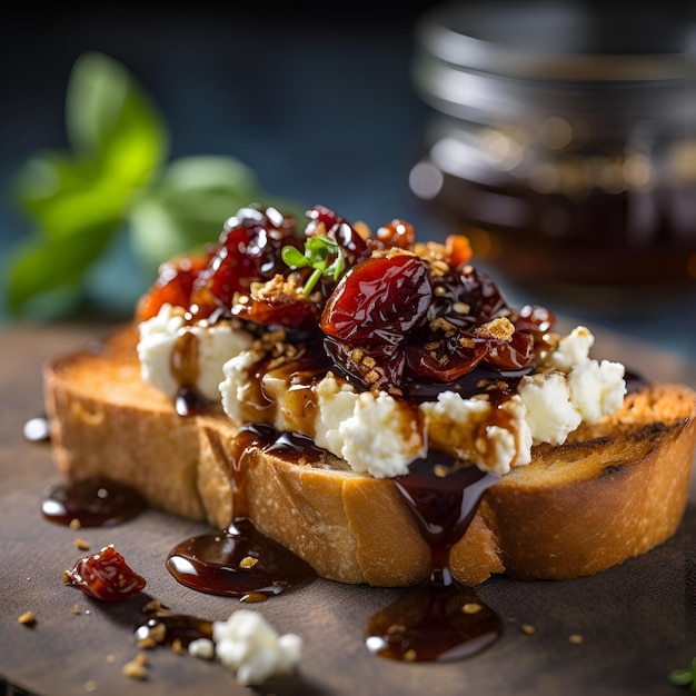 Close up of toast with feta cheese and sun dried tomatoes or sun dried plums with balsamic sauce on dark background Tasty appetizer of wine snack of mediterranean or italian cuisine Generative AI
