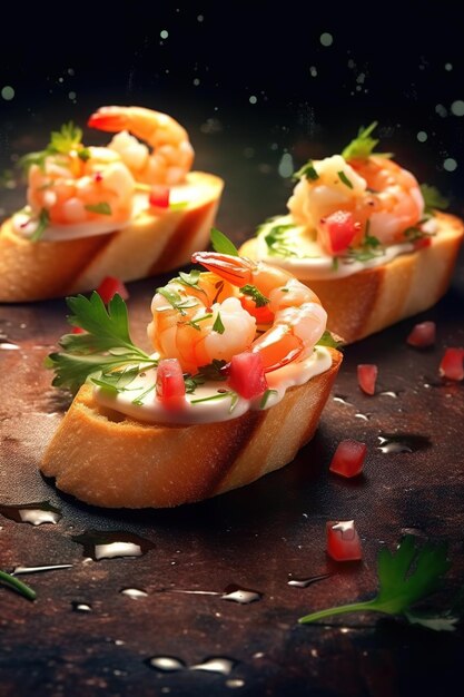 A close up of a toasted baguette with shrimp on top.