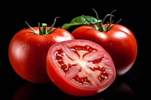 A close up of a tomato cut in half next to a whole tomato with another tomato behind it