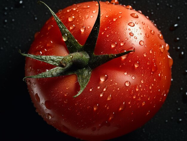 A close up of a tomato with water droplets on it