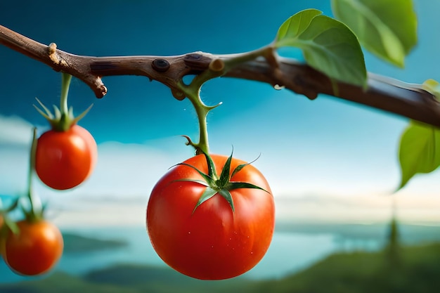 A close up of tomatoes on a branch