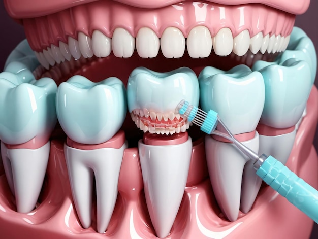 Крупный план зуба с зубной щеткой.