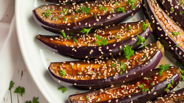 Photo close up and top angle view of seasoned eggplants with sesame seeds on white dish generative ai