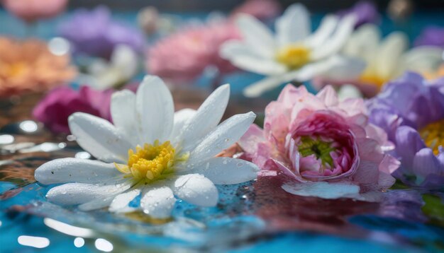 Close up top view of bath filled with water and flowers spa or selfcare concept beautiful nature